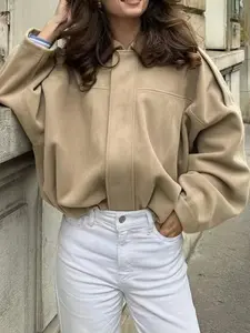 Lapel Short Workwear Jacket, Drop Shoulder Batwing Sleeve Loose Fit Zipper Outer Coat, Spring Fall Commute Versatile Women's Clothing