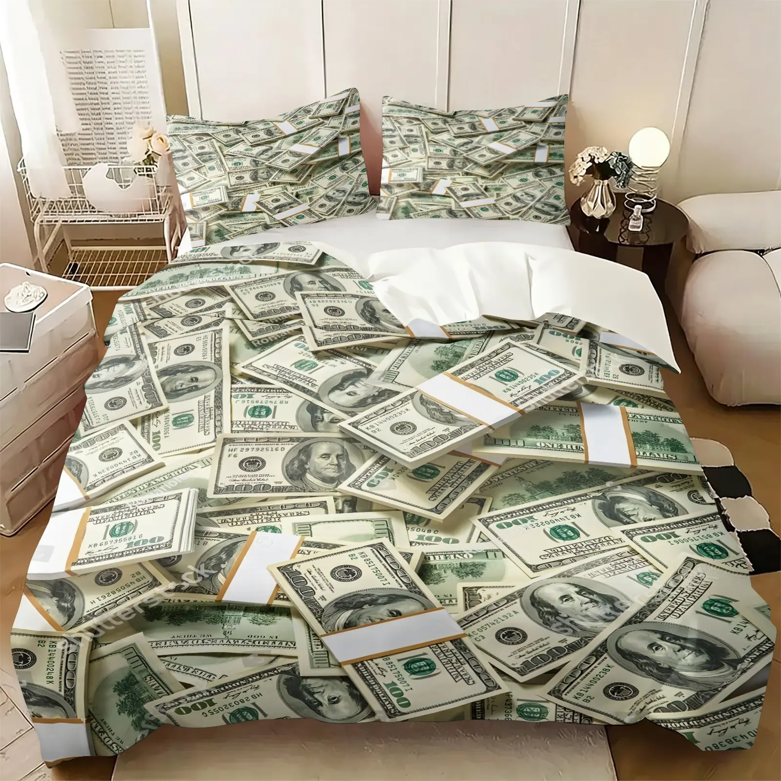 2/3 Piece Stacked Hundred Dollar Bill Duvet Cover Set Bed Covers, Funny Wealth Money Green Cash Bedding Set, Rich Hustle Entrepreneur Bedroom Decor, Humorous Gift for Business & Money Lovers(1 duvet cover + 1 or 2 pillowcases, No Filling)