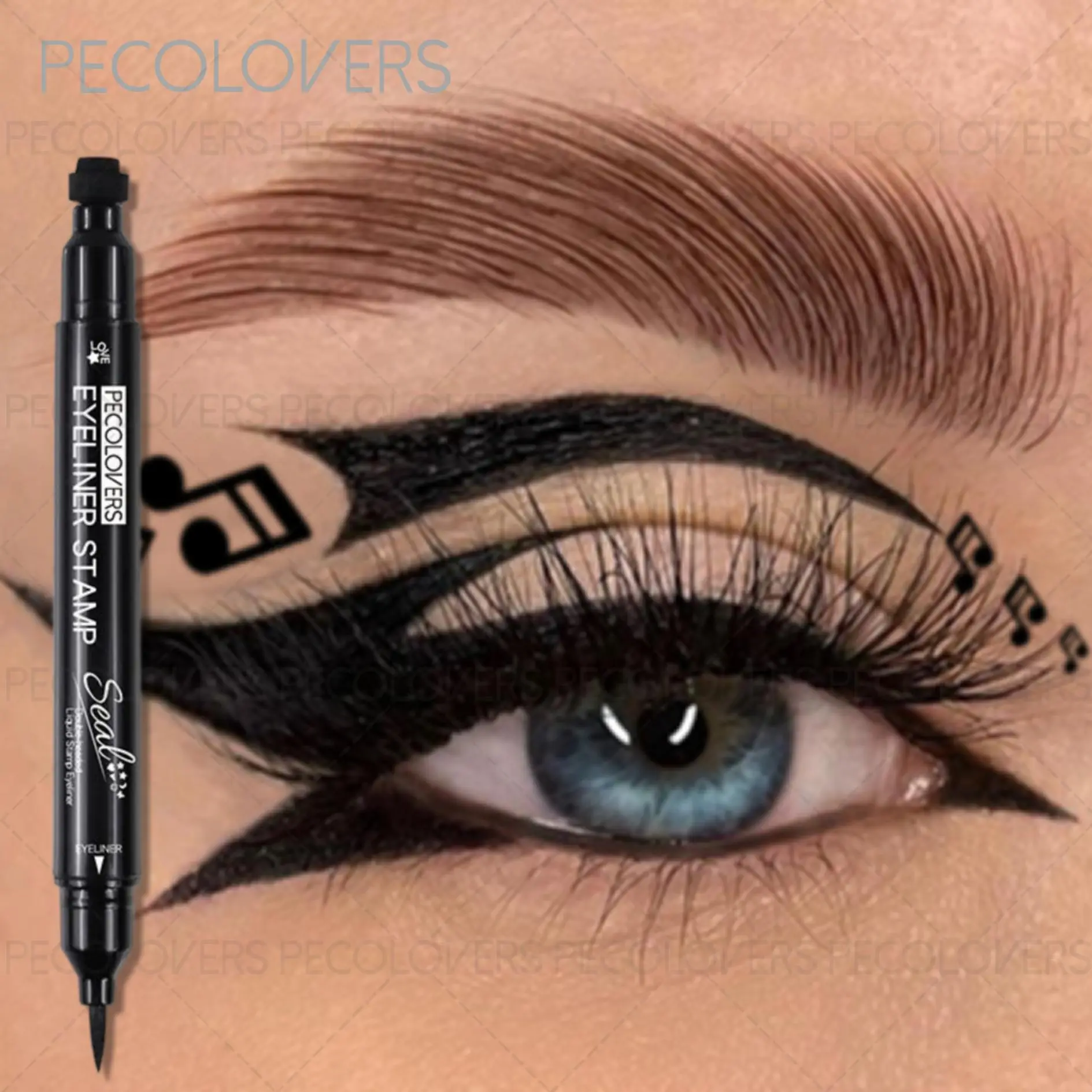 1pc Double-Ended Waterproof Eyeliner ,Quick-Drying,Black Liquid Eyeliner,including with Heart, Moon, Butterfly, and Star Shape Stamp Pen, Dual Ended Eyeliner