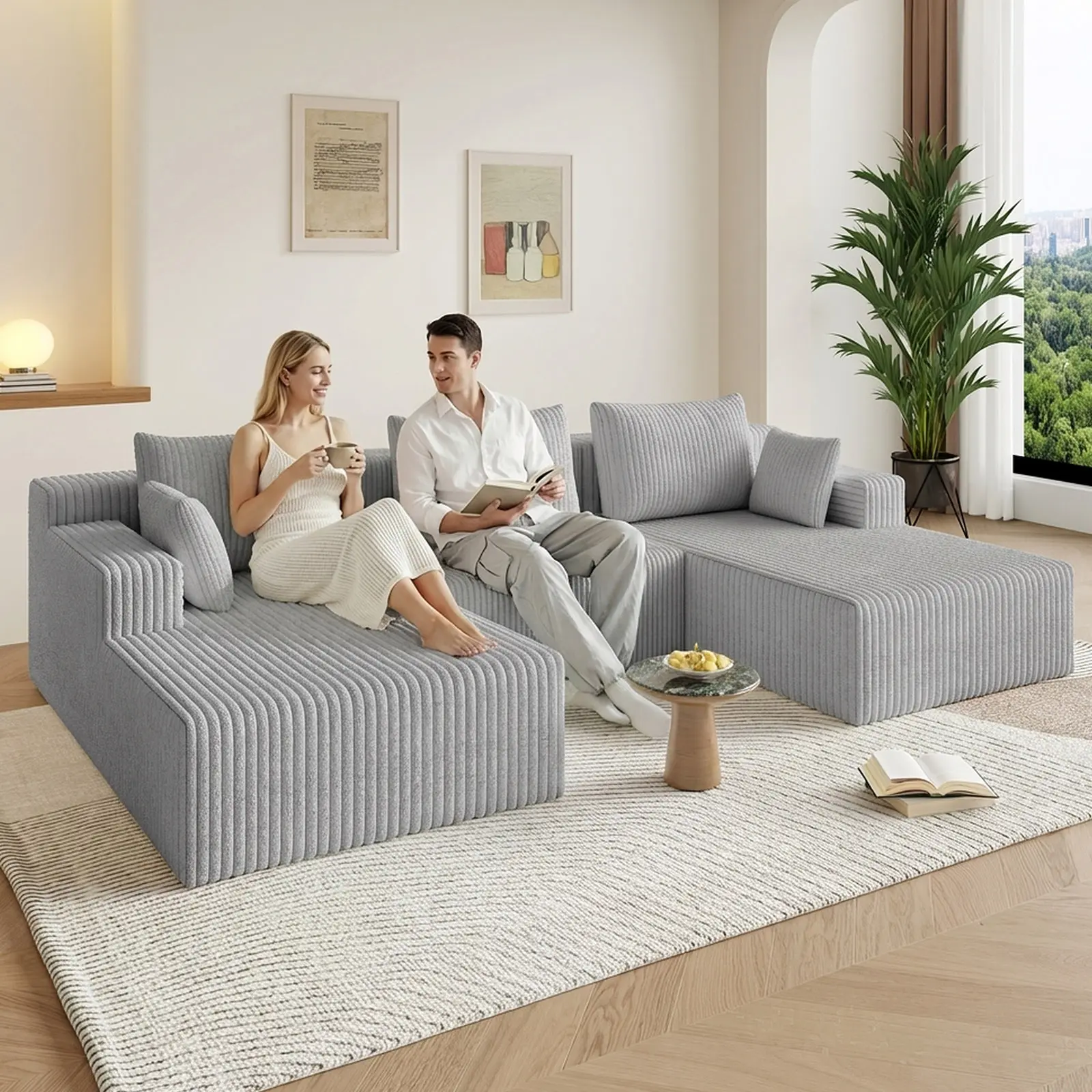 107" U-Shaped Modular Sectional Sofa, Plush Corduroy Cloud Couch with Double Chaise, Deep Seat & High Backrest, No Assembly Required for Living Room