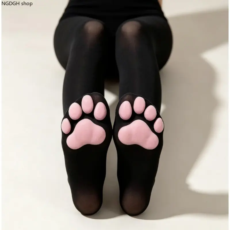 Black Sheer Tights with Cute 3D Pink Cat Paw Pads, Kawaii Animal Print Pantyhose for Women, Soft Stretchy Cat Feet Stockings, Novelty Cosplay Hosiery, Perfect for Party, Cosplay, Kawaii & Sweet Outfits.