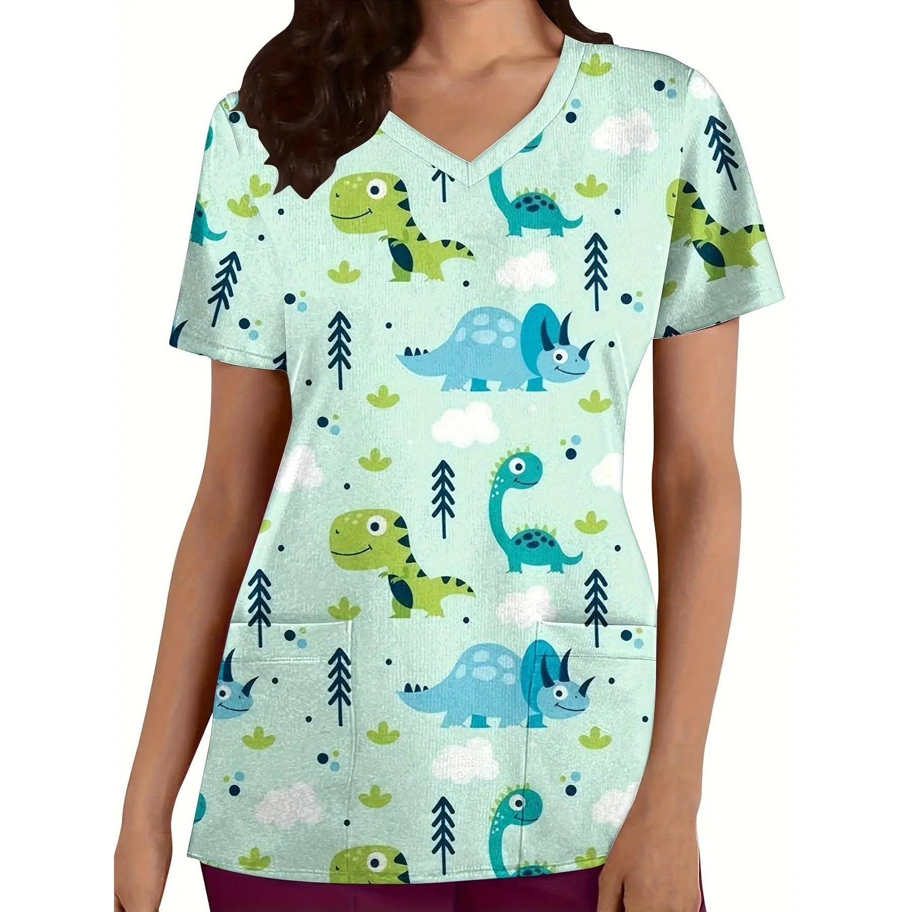 Cartoon Dinosaurs Print V-neck Scrub Top, Comfortable & Functional Health Care Uniform Top, Perfect For Working In Hospitals & Dental Office, Women's Work Clothing