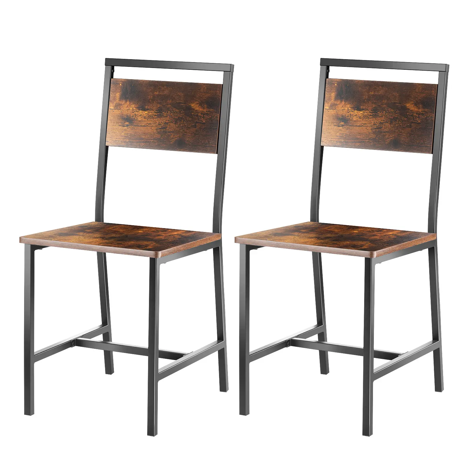 Dining Chairs Set of 2, Wooden Table Chairs with Metal Frame and Backrest, Easy to Assemble Leather Side Chair, Modern Farmhouse Walnut Chair for Kitchen Living Room, Rustic Brown and Black