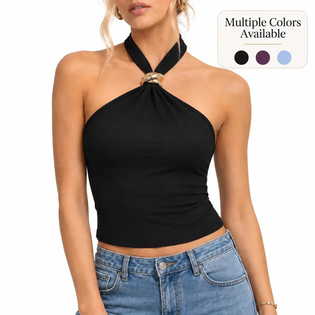 Women's Gold Ring Halter Crop Top, Back Tie Backless Sleeveless Slim Fit Tank, Y2K Summer Going Out Top for Party, Date Night, Vacation & Streetwear bodice baddie bids