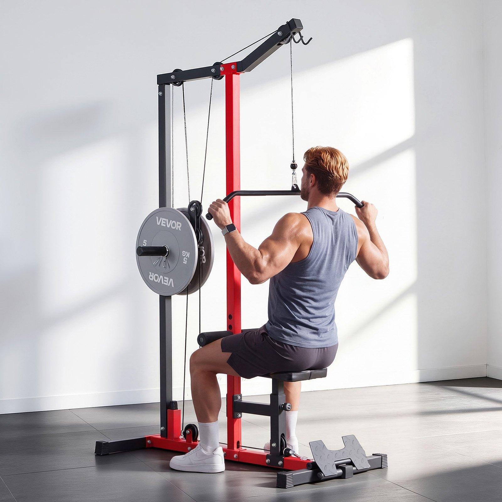 VEVOR 2-in-1 Carbon Steel LAT Pull Down & Row Cable Machine, Home Gym Hand Tool Kit with 3-Level Adjustable Seat, 4-Level Adjustable Foam Roller, 500lb Load Lat Tower for Back Workouts, Black Red
