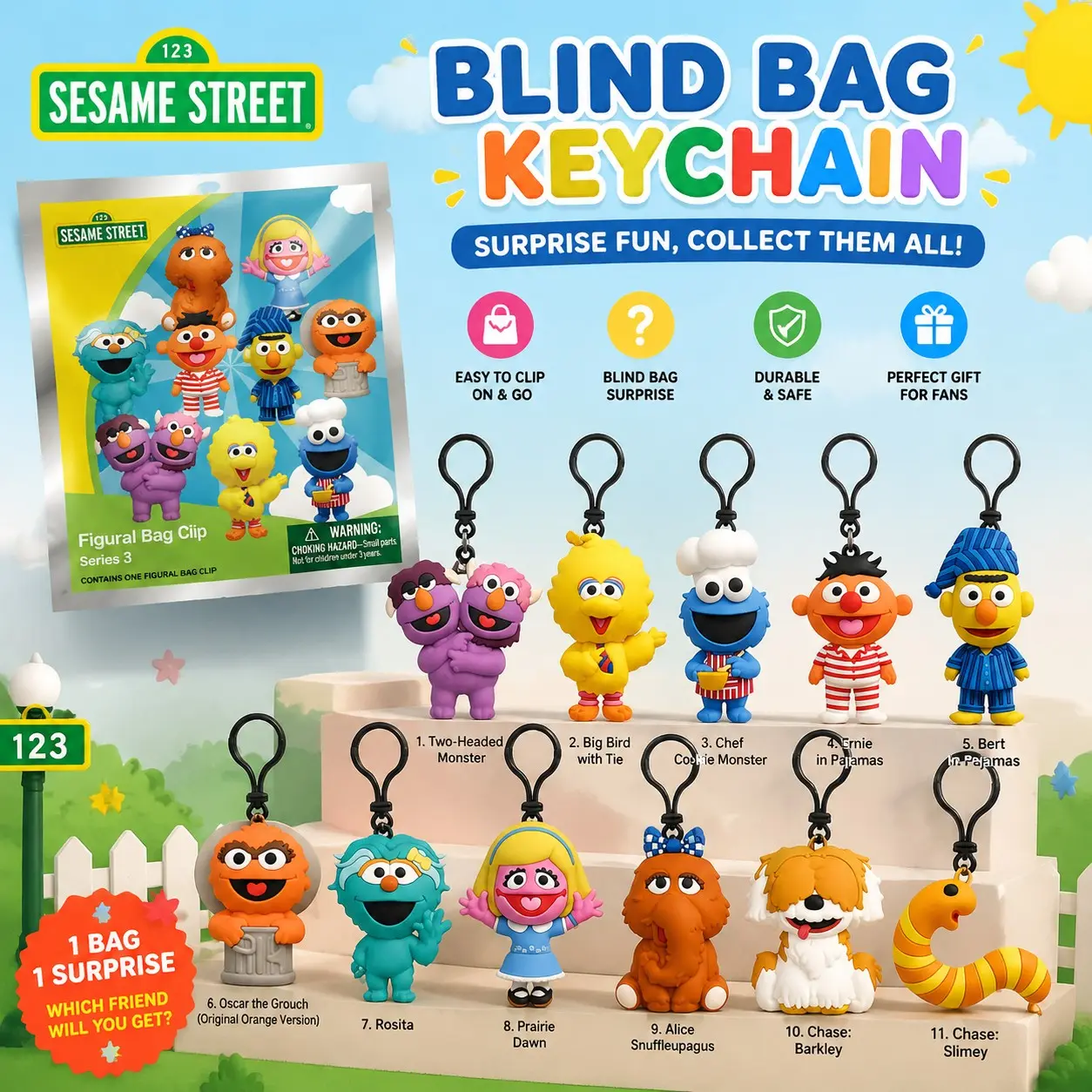 1pc Sesame Street Official Series 3 Blind Bag, Cookie Monster Big Bird 3D Figural Bag Clip, Cute Backpack Charm, Mystery Toy Gift, Cute Charms, Backpack Accessories