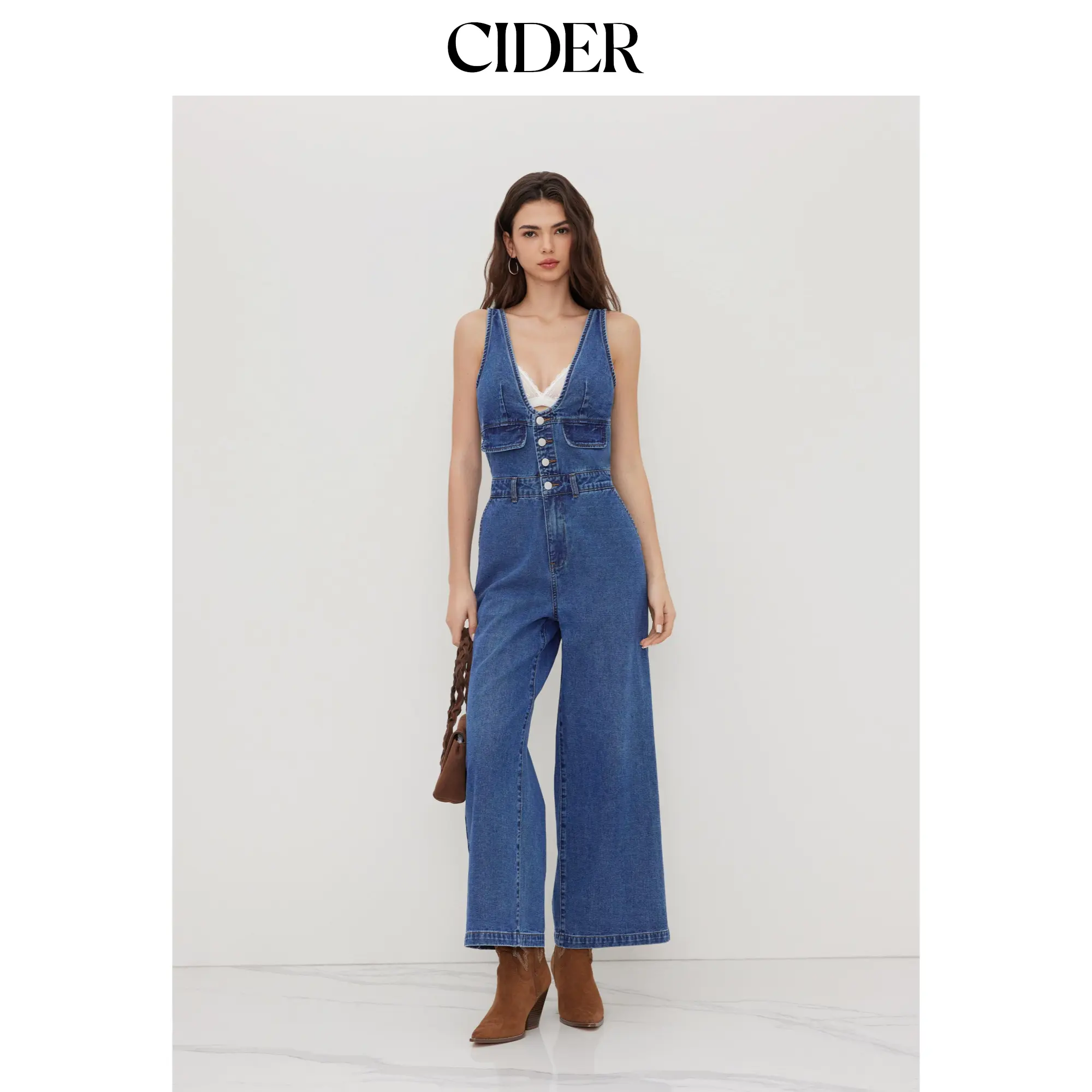 Cider Women's V-Neck Denim Jumpsuit, Casual Wide-Leg Style with Button Front, Sizes 1XL-16/18, 2XL-20/22, 3XL-24