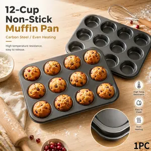 12-Cup Non-Stick Muffin Pan - Carbon Steel Cupcake Baking Tray with Even Heating, High Temperature Resistant & Easy to Clean, Ideal for Home Baking