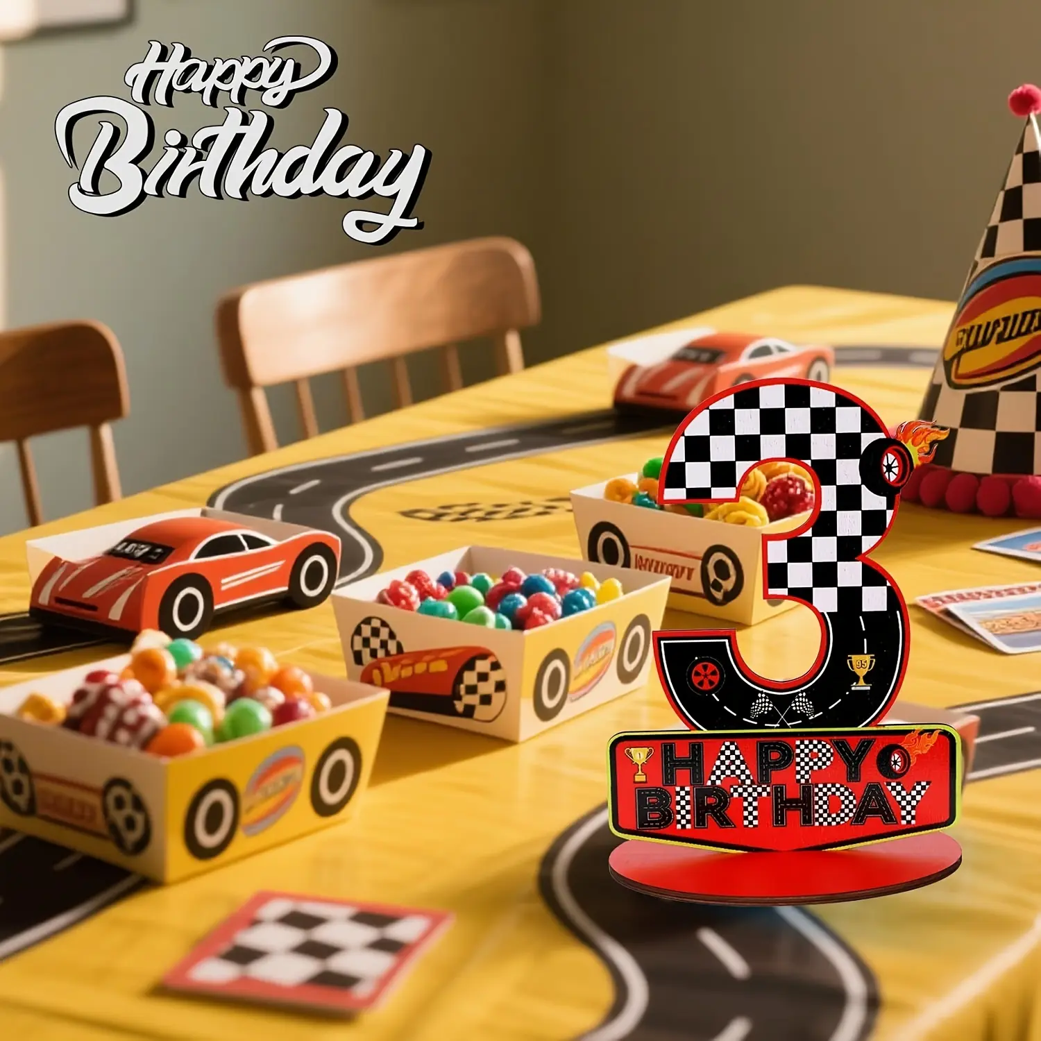 1Pc 2D Flat Race Car Themed Wooden Number 3 Sign, 3rd Birthday Table Centerpiece Party Decor Supplies