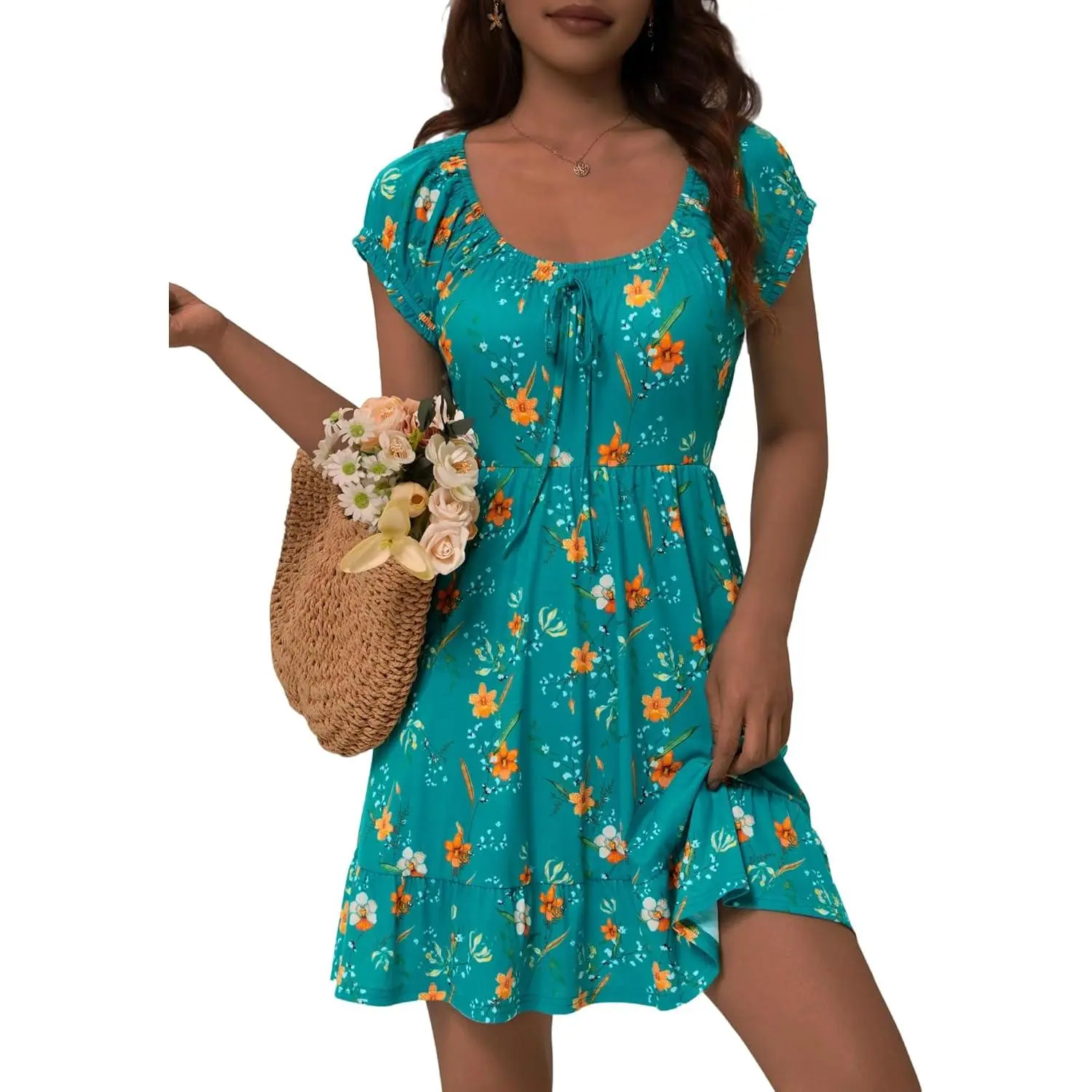 Women's Petite Teen 2026 Floral Short-Sleeve High-Waist Elastic Fit Milkmaid Sundress with Pockets, Casual Wear Summer Mini Dress, Scoop Neck, Puff Sleeve, Cute, Shortsleeve, Pleated, Pullover, Round Neck, Ruffled, Bra