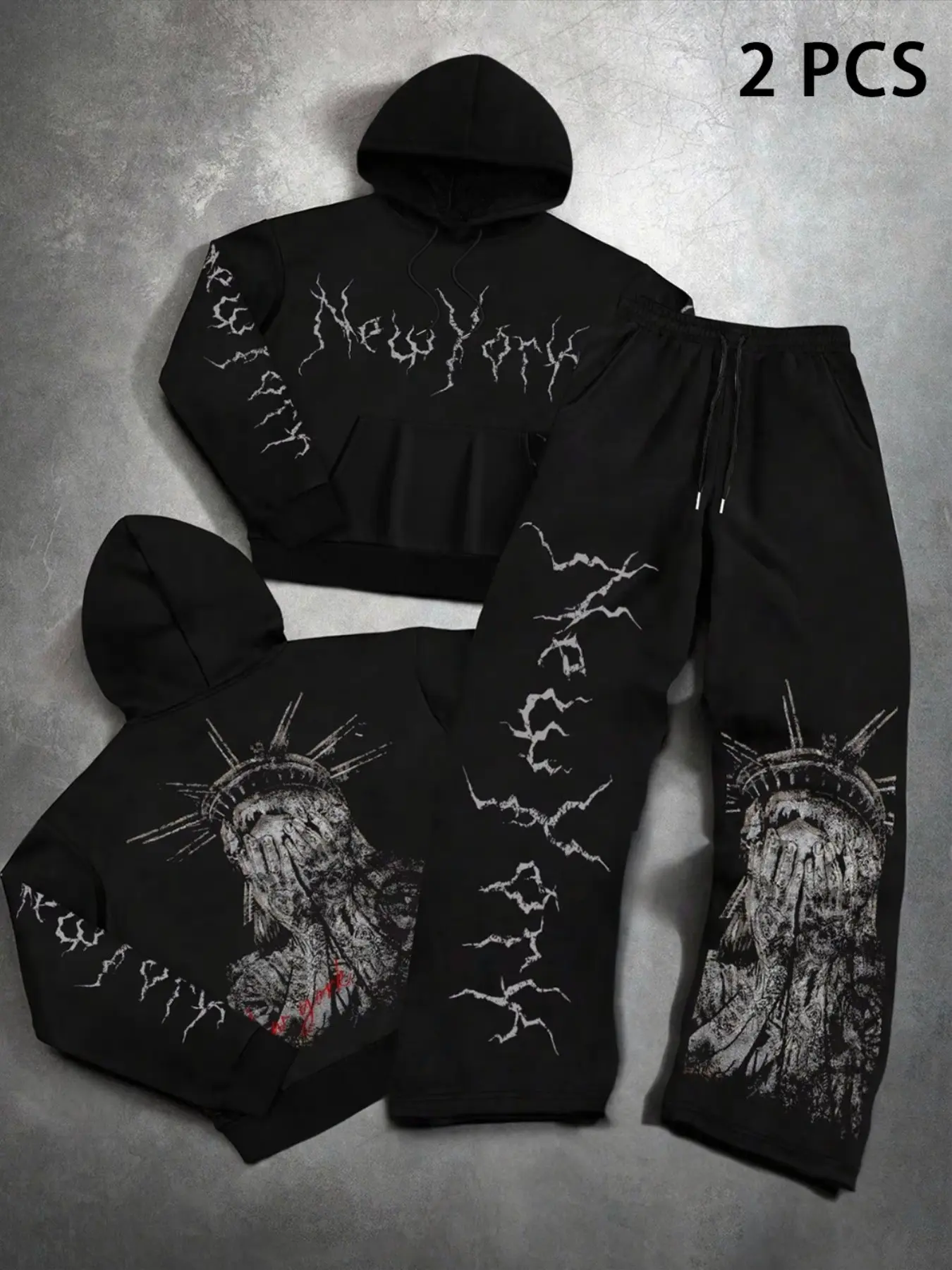 Men Pullover Hoodie & Wide Leg Sweatpants 2Pcs Tracksuit, Cracked New York Letter & Covered Statue Of Liberty Vintage Print, Kangaroo Pocket Drawstring Soft Street Sports Matching Outfit #NewYorkTracksuit #GothicStreetSet #StatueLibertyHoodieSet