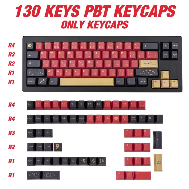 Cherry Profile Red Japanese Keycaps, PBT Material, Dye Sublimation, Minimalist Custom Key Caps for Mechanical Gaming Keyboard, 130 Keys