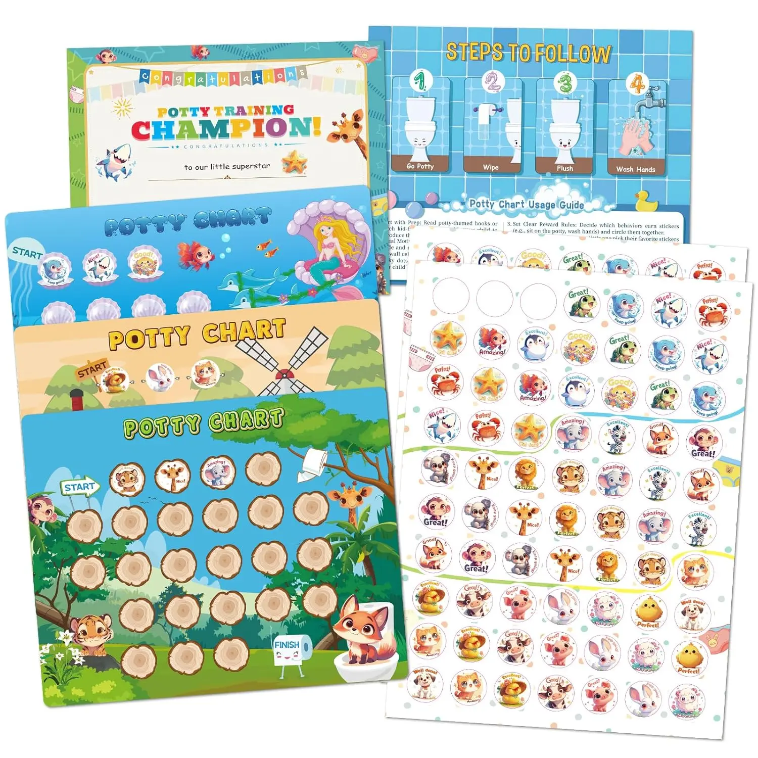 Potty  Chart with 3  Themes Potty  Stickers, Fun Potty  Chart for , Potty Sticker Chart for  Girls , 2-4, Potty Chart for  Boys (15 PCS)