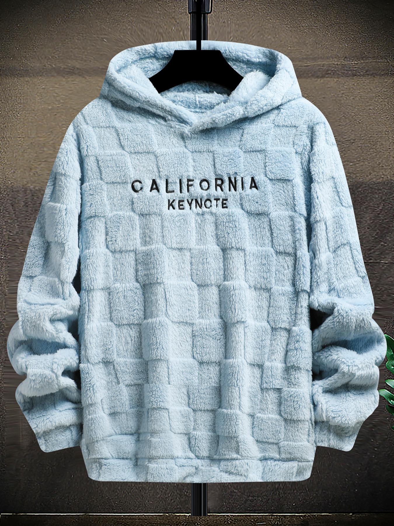 Men's California Keynote Embroidered Pullover Hoodie Fuzzy Warm Lining for Cold Days & Fall Relaxed Fit Drop Shoulder Design Machine Washable Cozy Interior Casual Fabric Christmas Embroidery Relaxed Fit Stretch Sweatshirts Textured