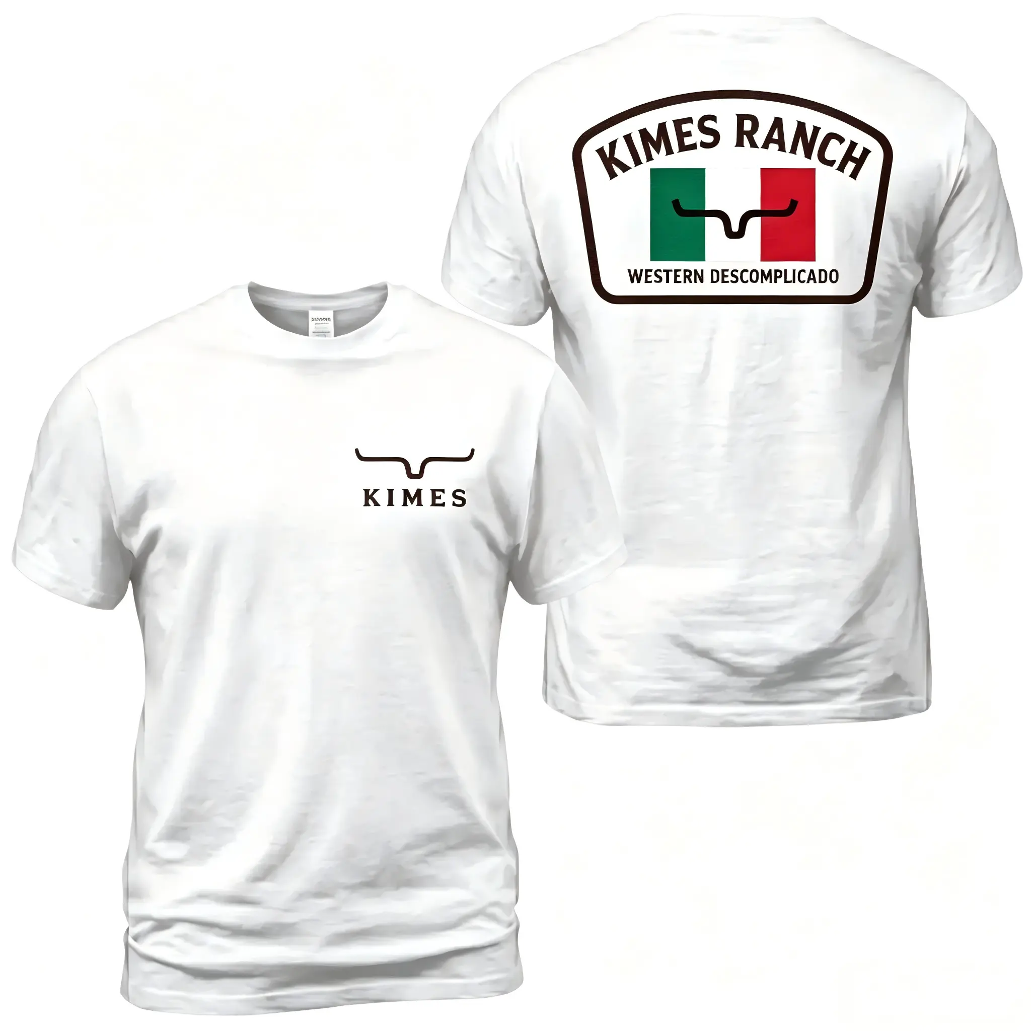 Kimes Ranch Western Descomplicado T-Shirt - Western Graphic Tee with Mexico Flag Bull Horn Badge, Front Chest Logo, Large Back Print, Black Cowboy Country Outfit Gift for Men, Sports & Outdoor Clothes Tops