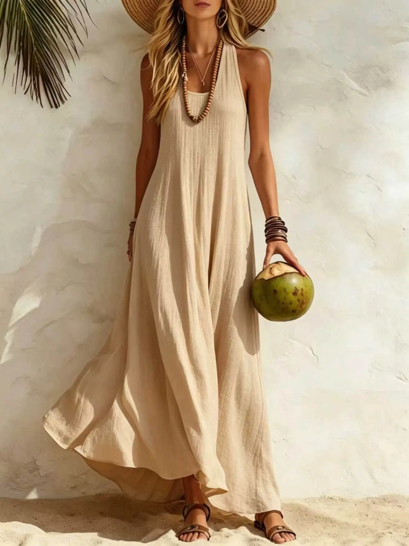 Women’s Sleeveless Maxi Dress, Casual Loose Fit Boho Beach Dress, Flowy Textured Long Dress for Vacation, Resort, Cruise & Summer Travel