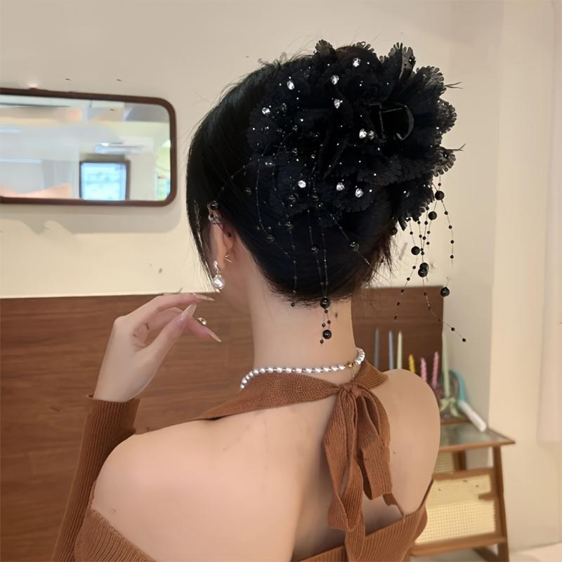 Elegant Large Round Flower Hair Clip With Feathers Tassels Volume Enhancing Shark Clip Peony Flower Design Hair Accessories For Wedding Prom Everyday Updo