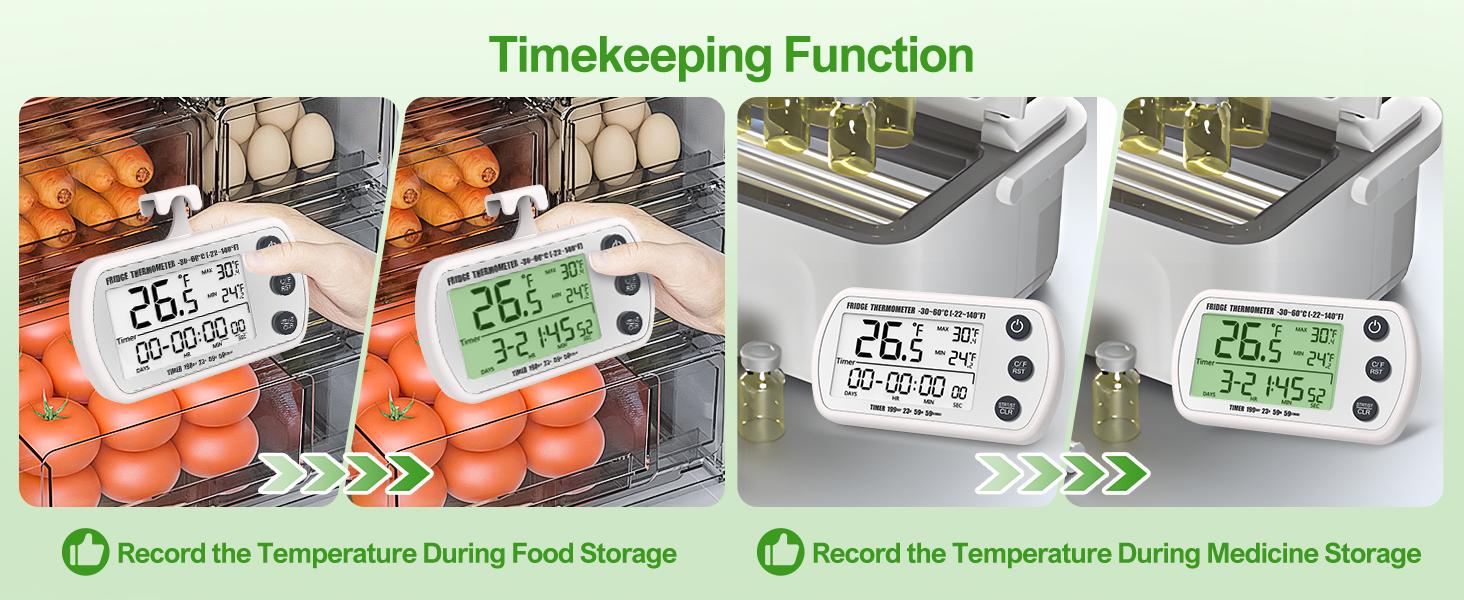 2-in-1 Fridge & Freezer Thermometer 2 Pack, Waterproof Digital Display with 2.25" Easy-Read Screen, Records Max/Min Temperature & Includes Timer Function (White)