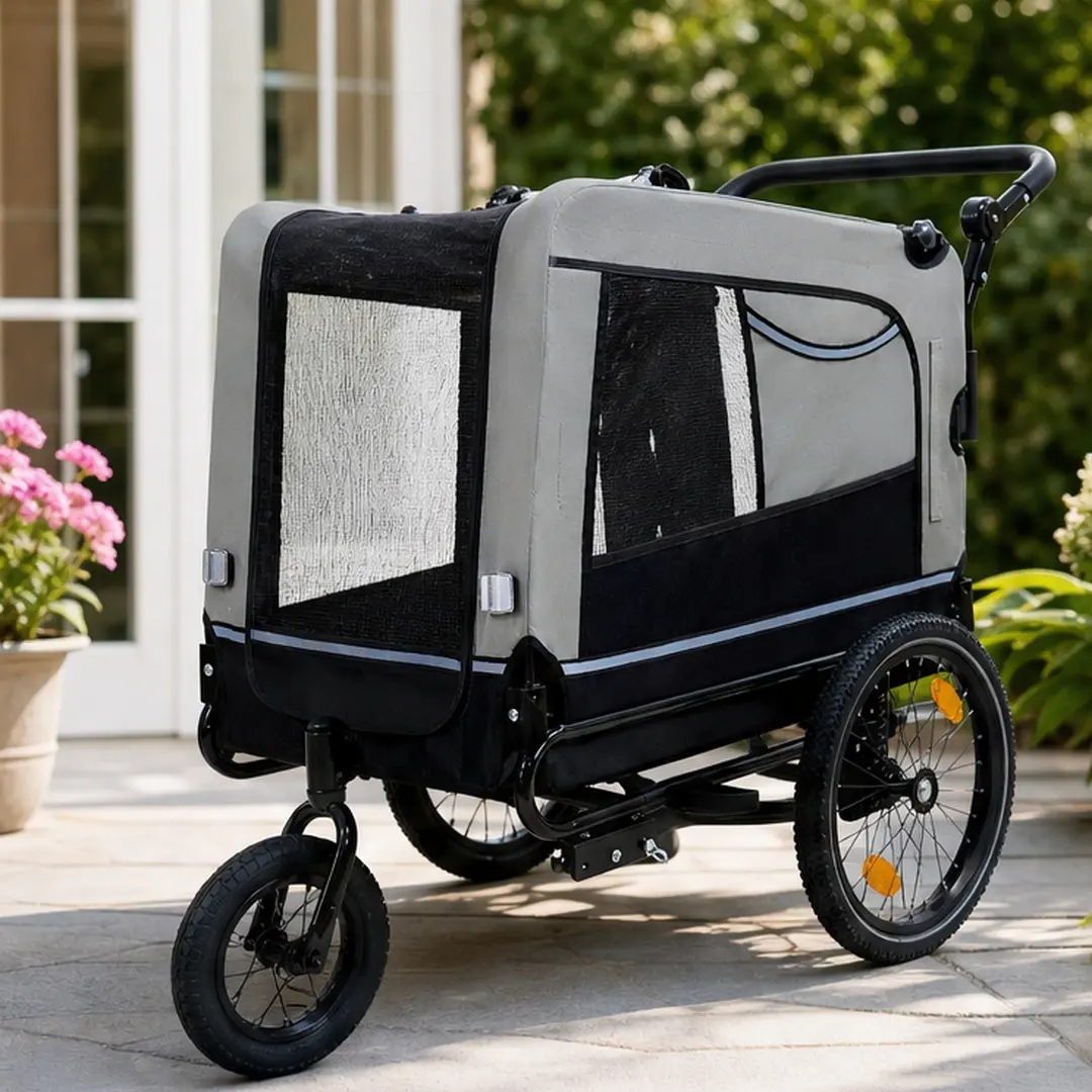 Extra Large 2-in-1 Bike Trailer & Push Cart for Pets, Detachable Bike Hitch & Push Handle, All-Terrain Quick-Release Wheels, Non-Slip Floor, Internal Leash, Up to 88 lbs, Black/Grey Steel Frame, Black+Grey Color Options, Steel Material, Zipper, Cycli