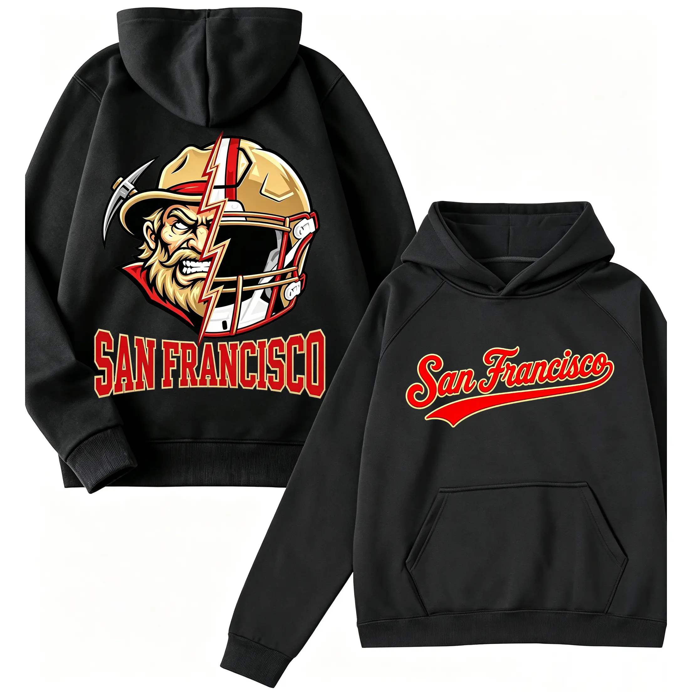 ? ✨ Retro San Francisco miner‑helmet split graphic pullover hoodie, big back print & front script logo, classic red‑gold team color streetwear sweatshirt for football fans.