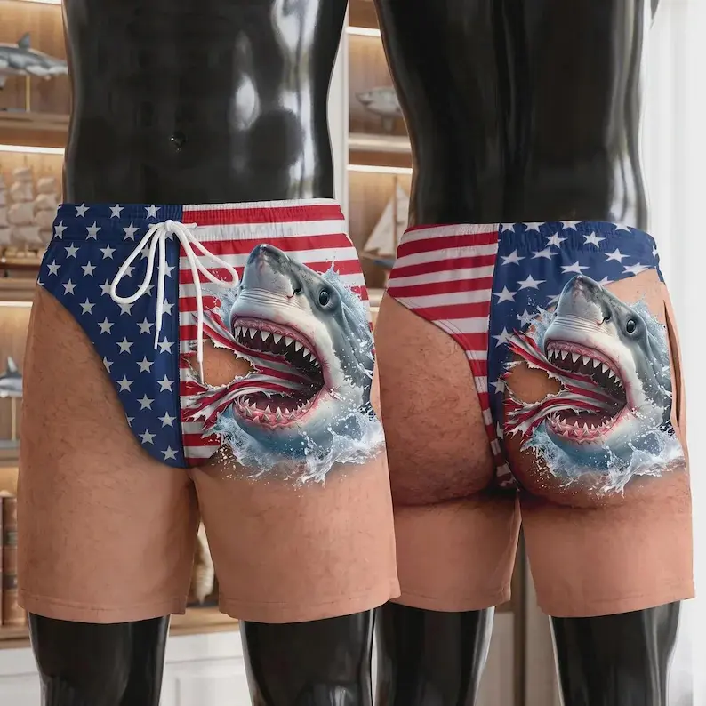 Personalized Funny USA Flag Swim Trunks, Novelty Men’s Shark Shorts, Beach Shorts, Novelty Summer Gift For Him, Shark Shorts,Novelty Summer, Halloween & Christmas Gift For Him