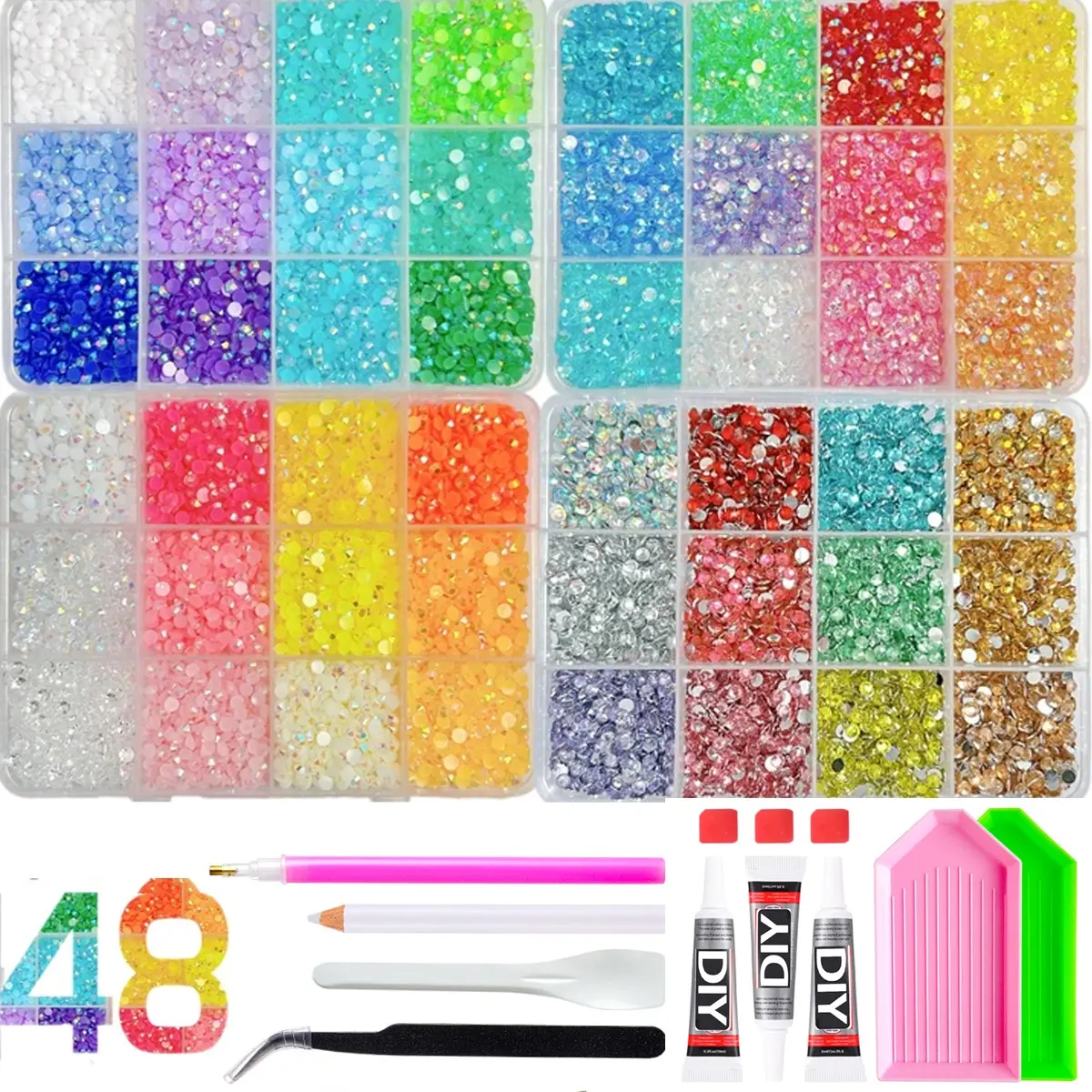 4 Box 48 Color Nail Art Rhinestone Storage Set, Includes Tweezers and Drill Pens, Multi-Specs 3/4/5, ultimate creative gift for her,graduation gift,class of 2026，【Summervibes】DIY Diamond Bedazzling Kit。Handmade Sparkling Crystal Kit