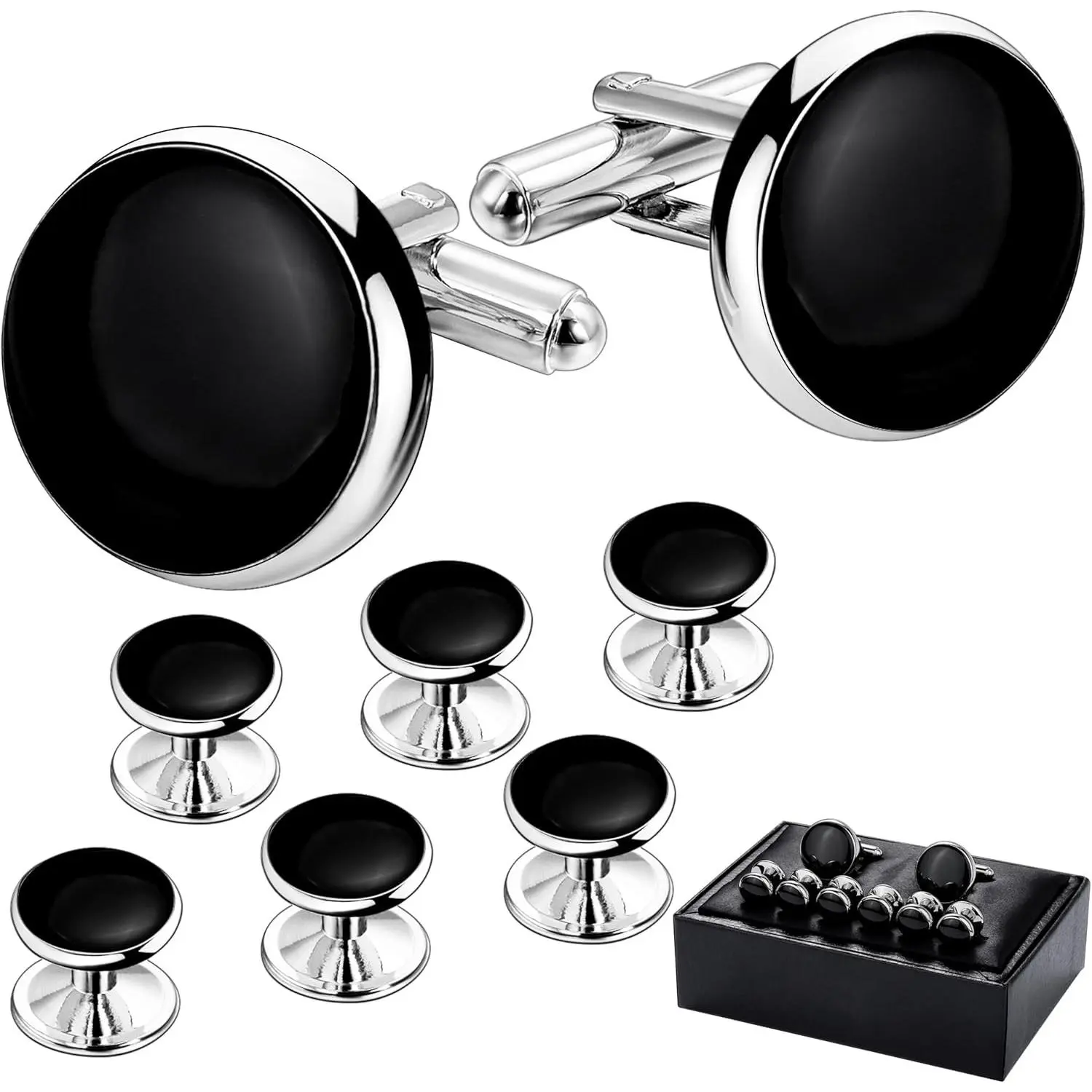 Men’s Cufflinks and Tuxedo Studs Set with Gift Box; Men’s Jewelry or Accessories Suitable for Black Suit White Shirts Vest and Red Bow tie on Wedding or Anniversary and Birthday
