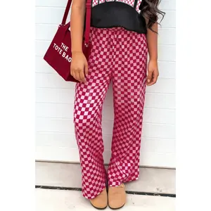 Rose Elastic Waist Plaid Full-length Shift Pants