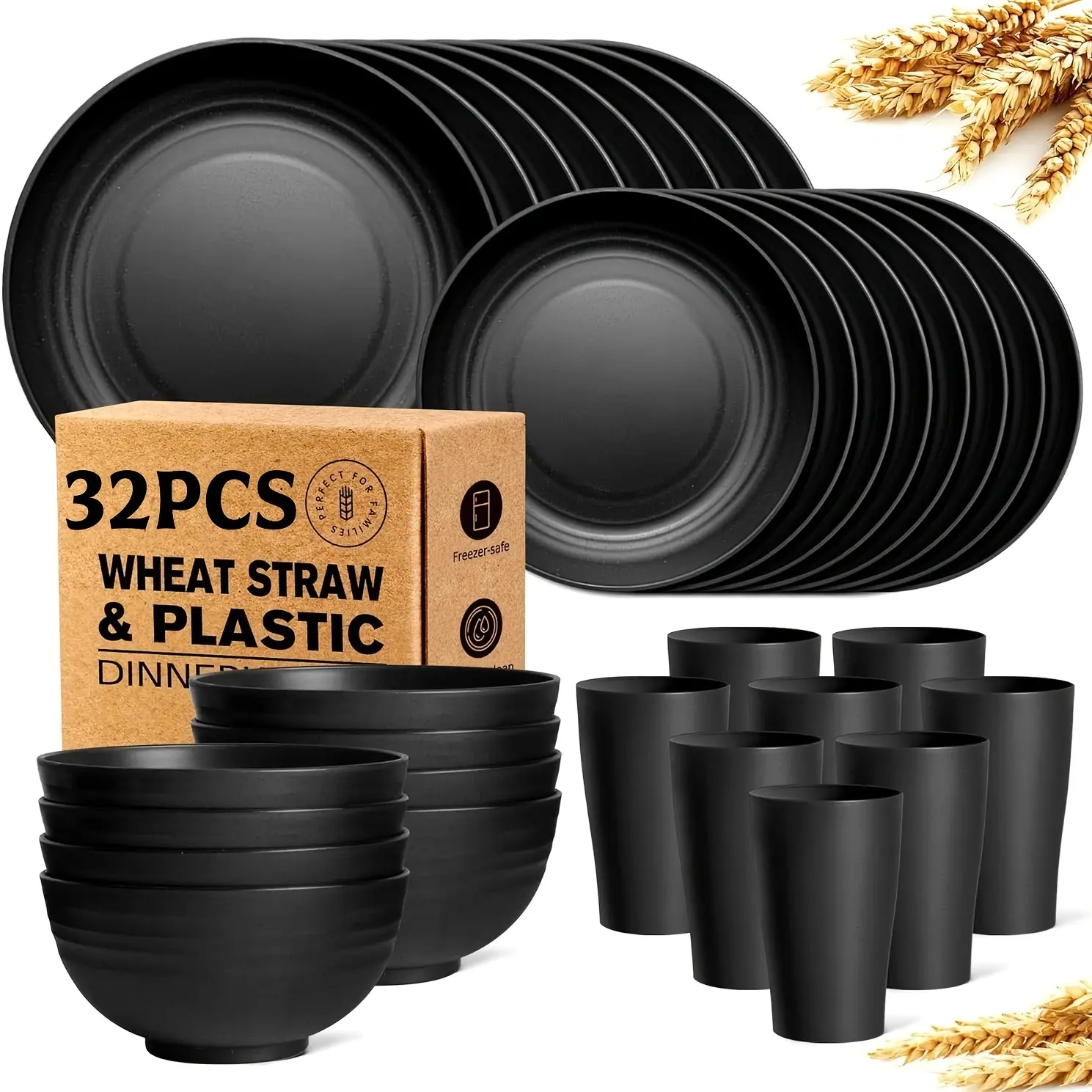 32/16-piece large wheat straw tableware set, shatterproof modern dinnerware set - dinner plates/dessert plates/bowls/cups, lightweight wheat straw tableware set, dishwasher and microwave safe, lightweight tableware, Christmas gift