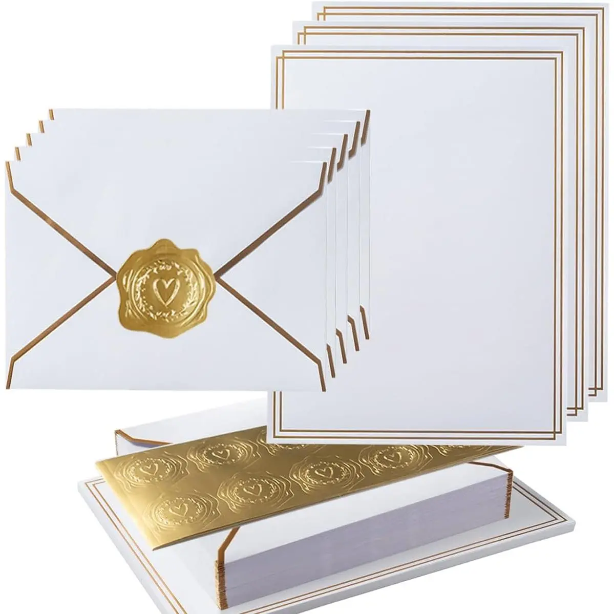 50 Pack Stationery Set with Envelopes, White, 6x8 Inches |  Border, A6 Envelopes 4.75x6.5 inch and 6x8 Paper Sheets, Stickers for Letter Writing, Invitations