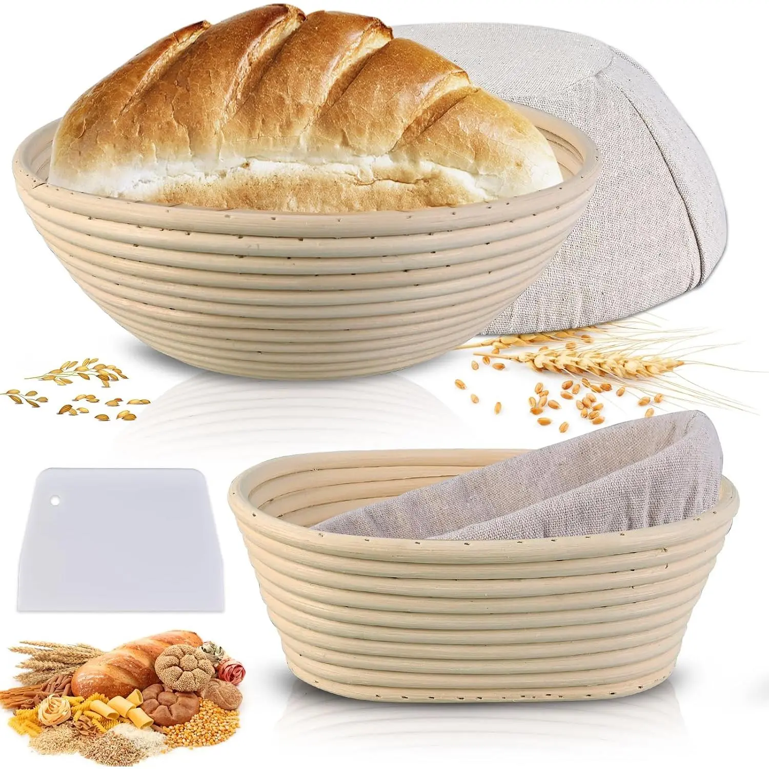 Sourdough Bread Baking Supplies, 2 Pack Banneton Bread Proofing Basket with Liners- 10" Round & 8" Oval, Brotform Proofing Baskets Ideal for Sourdough and Artisan Bread Making