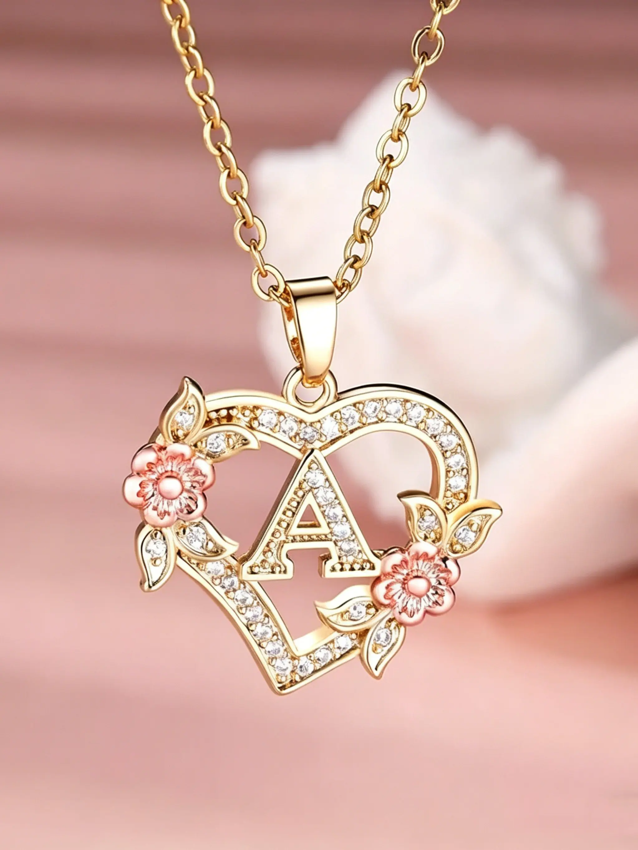 Floral Heart Initial Necklace for Women, Custom A-Z 26 Letters Gold Pendant with Pink Flower & Rhinestone, Elegant Personalized Jewelry, Bling Necklace, Ideal Gift for Christmas, Birthday & Anniversary