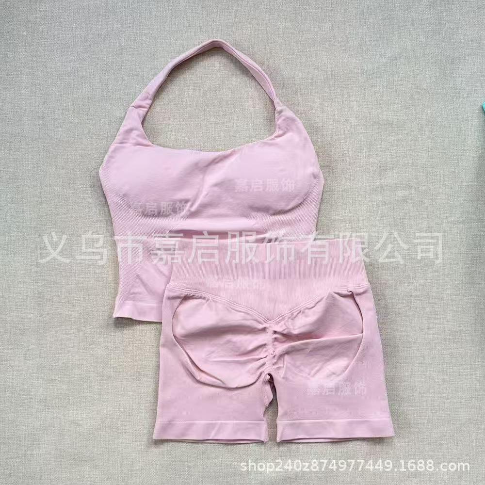 2pcs Gym Set Women Halter Tops High Waist Scrunch Seamless Shorts Fitness Clothes Activewear Workout Set Outfits Gym Suit