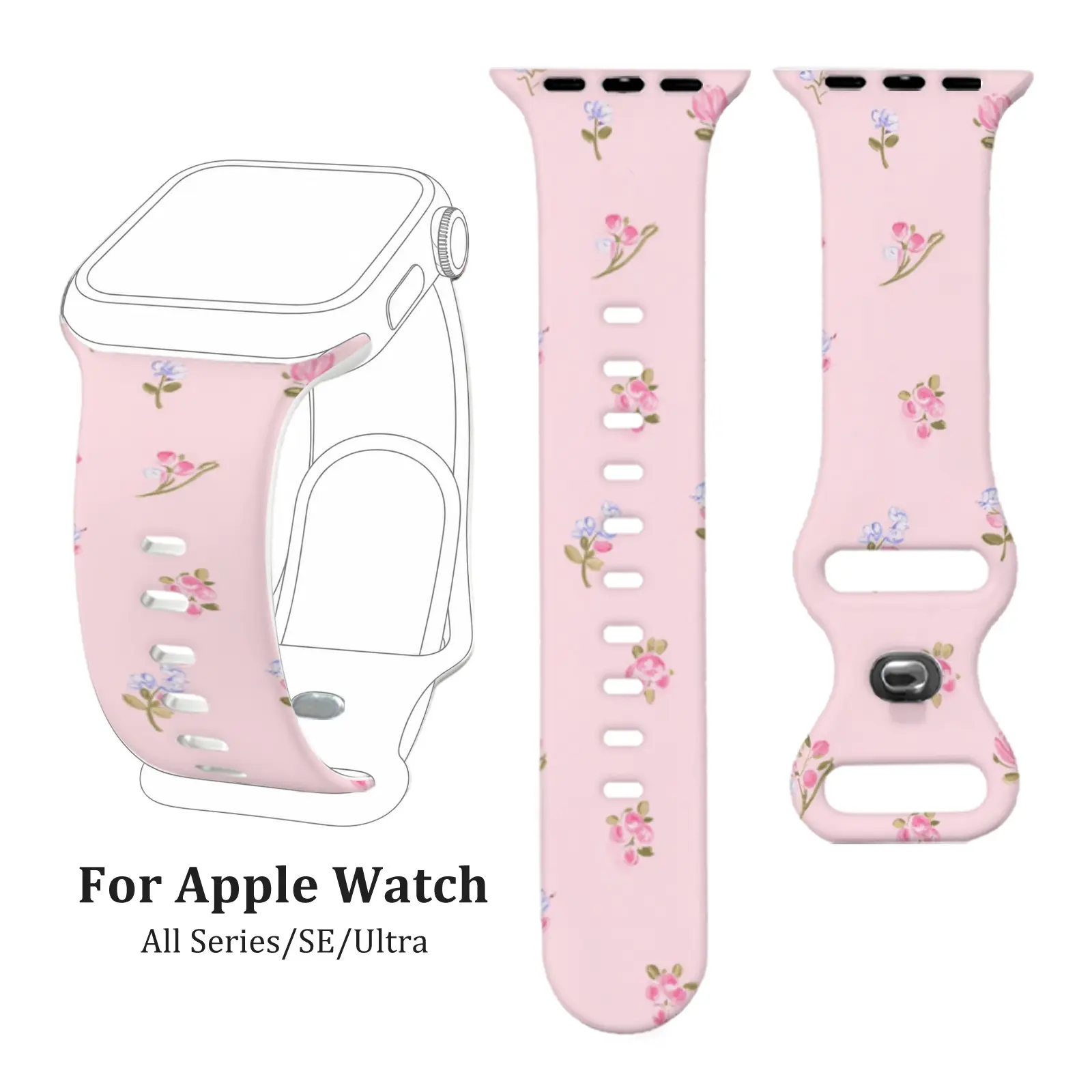 Pink Florar For Apple Watch Women, Soft Silicone Sweat Resistant Easy to Clean Slim Strap Compatible with Apple Watch Series 4/5/6/7/8/9/10, SE 1/2 Band, Ultra 1/2/3, Flower Wristband, Smartwatch Straps for Daily Wear, Smartwatch Accessories