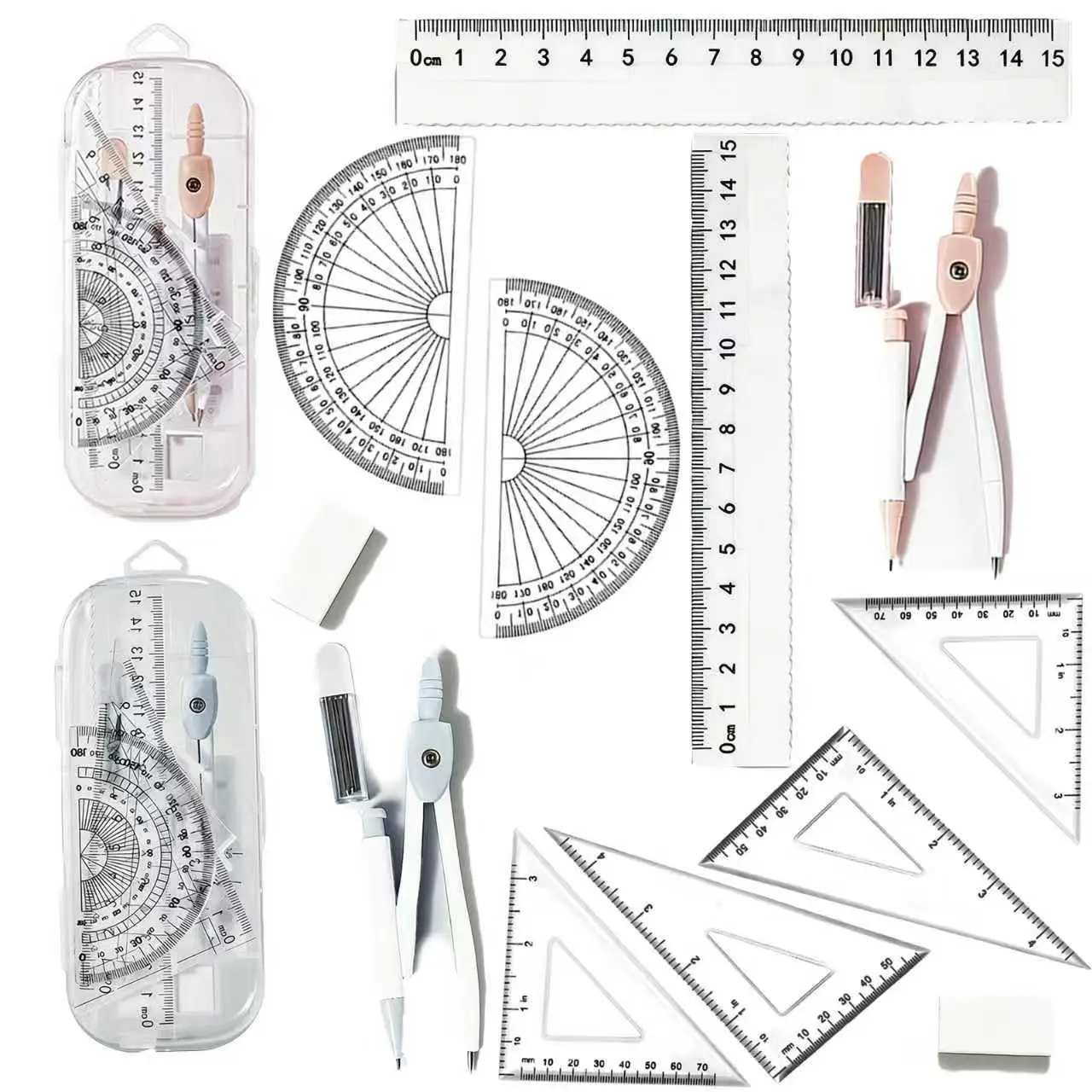2-Pack 7-Piece Geometry Set with Case, Math and Drafting Kit for Students with Metal Compass & Plastic Rulers for School, Home, Woodworking, Boys, Durability, Children, Workshop, 7 Pcs