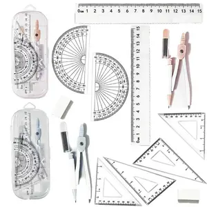 2Packs 7Pcs Math Geometry Set with Case, Protractor Compass Ruler Stationery Supplies for Secondary School Students