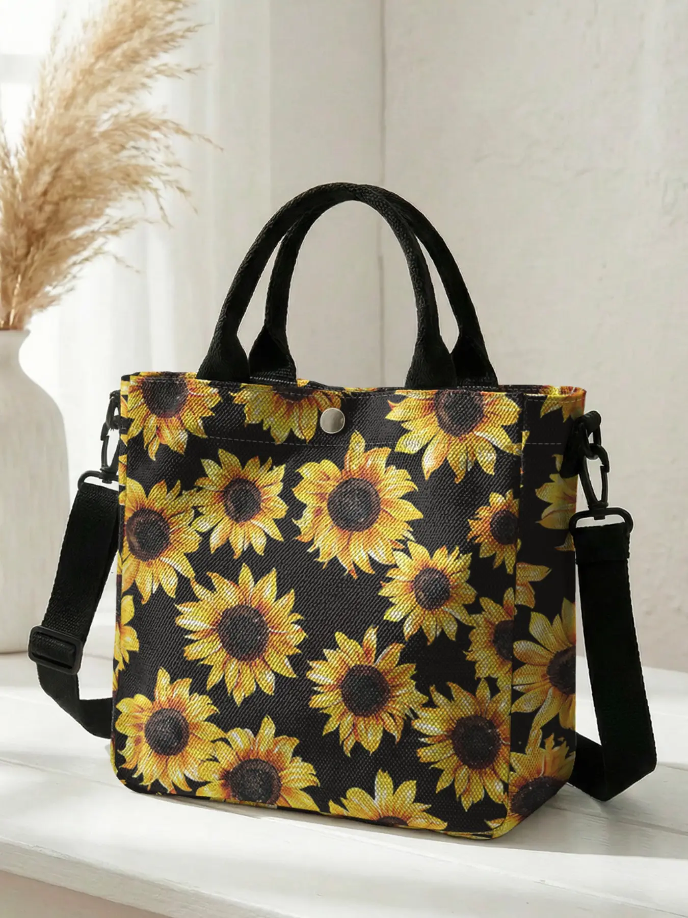 Sunflower Pattern 2D Print Fashion Messenger Bag, Adjustable Strap + Snap Closure, Ideal for Students, Office Workers, Shopping