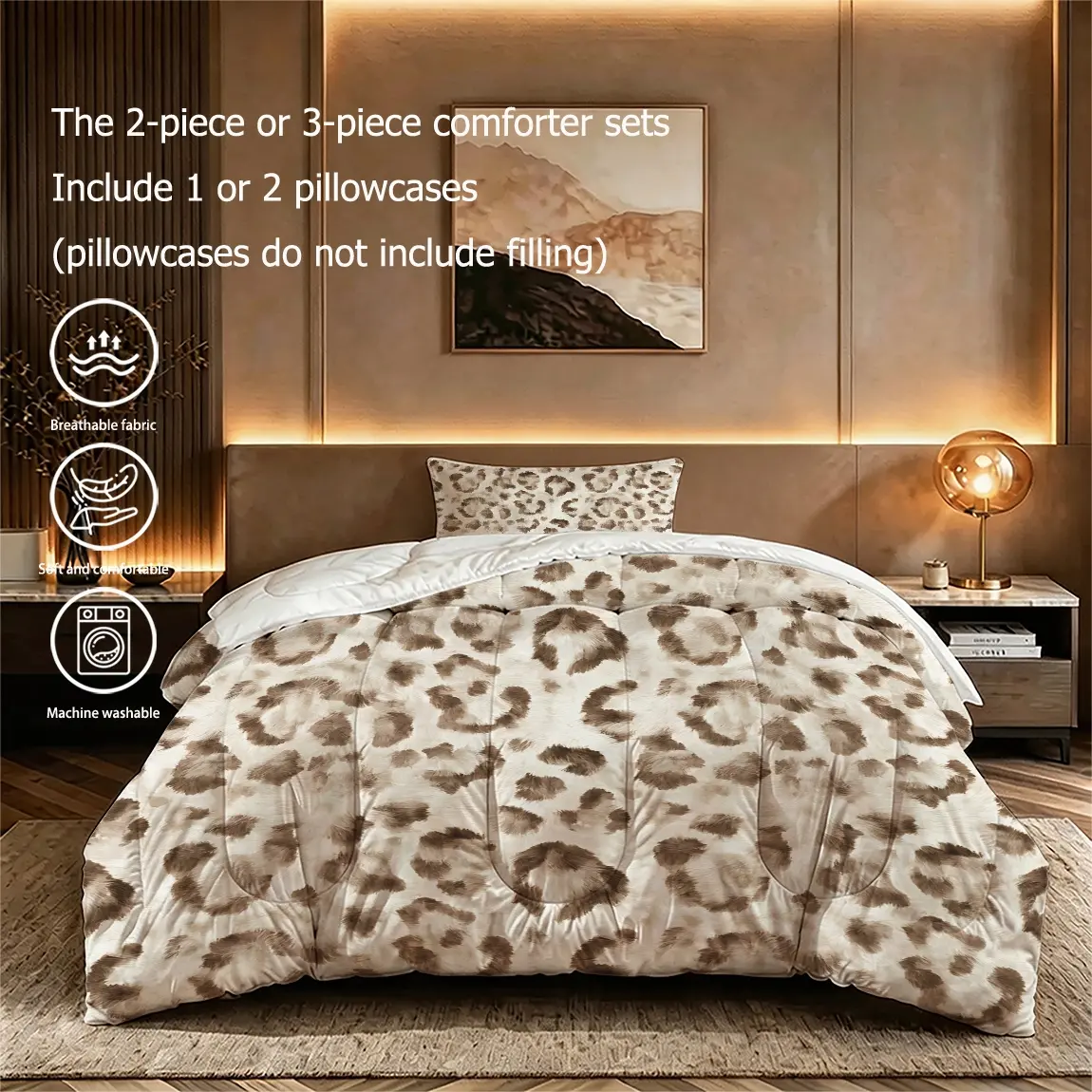 2/3pcs (1 comforter + 2 pillowcases) Leopard Print Bedding Comforter Set, Ultra-fine Fiber, Breathable & Fade Resistant, Lightweight Soft, Machine Washable, All Season Use, Matching Pillowcases (pillow filler not included) for Bedroom Guest Room Dor