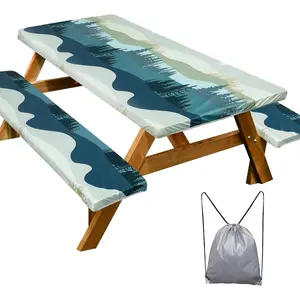 Picnic Table Cover with Bench Covers Camping Essentials Waterproof Windproof Camping Tablecloth with Drawstring Bag, Fitted Rectangle Tables and Seats, 72in, Green BlueGift