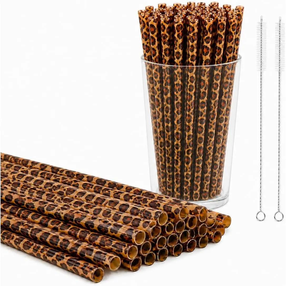 50 count 9 Inch  Leopard Print Plastic Straws with 2 Brushes