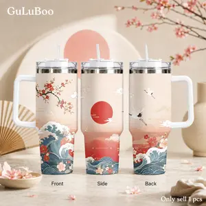 GuLuBoo Oriental Crane Koi Art Prints Vacuum Flasks, 40oz Stainless Steel Vacuum Insulated Tumbler with Handle & Straw, Leak-Resistant Travel Mug Thermos Cup for Tea, Coffee, Gym, Office, Car, Asian Art Holiday Gift Idea for Women and Men, Zen Style