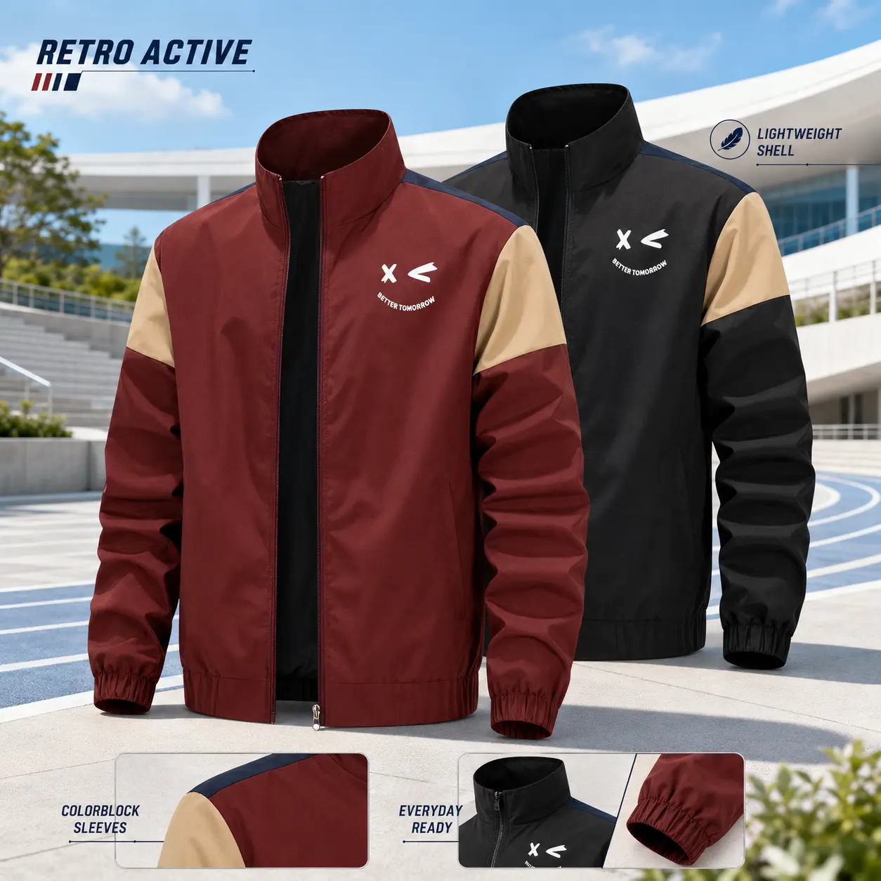 Retro Splicing Windbreaker Men Letter Graphic Full-Zip Loose Long Sleeve Hip Hop Daily Outdoor Track Jacket
