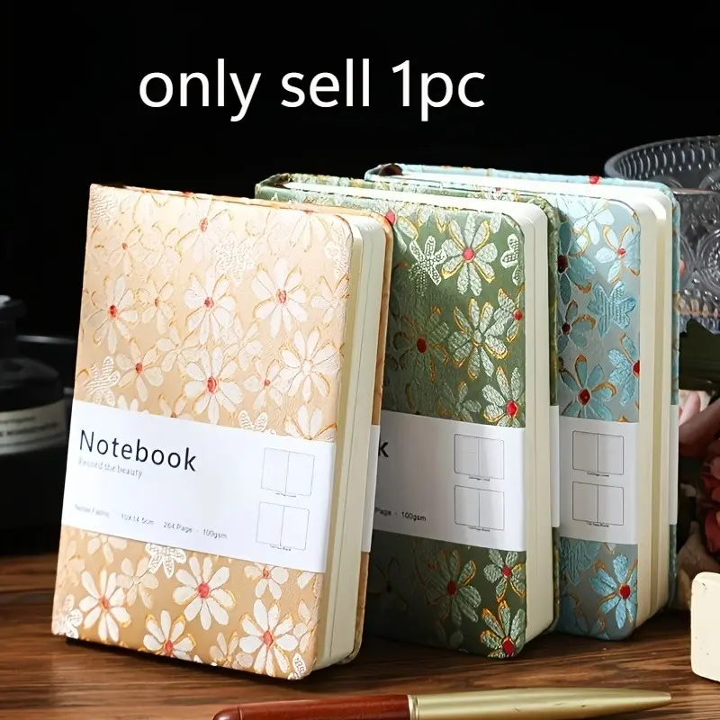 A6 Daisy Embroidered Fabric Notebook, 64 Lined & 64 Blank Sheets, Portable Cloth Cover Journal Diary, Student Notepad Memo Book, Note Taking Notebook