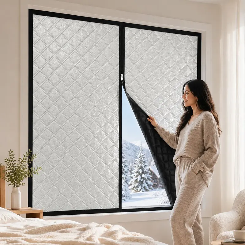 Upgraded Winter Thermal Window Cover with Zipper, Thickened 3-Layer Quilted Insulation, Cold Protection, Windproof, Blackout & Noise Reducing, Removable Self-Adhesive Window Curtain for Home