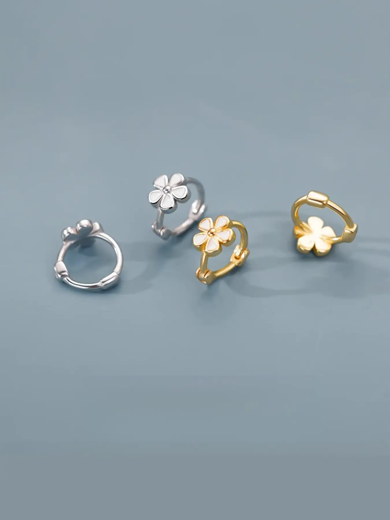 Mini White Enamel Floral Huggie Hoop Earrings, Fashionable Huggie Earrings, Copper Base 24K Gold Plated Hypoallergenic Lightweight Click Hoops Daily Date Night Gift Teen Girls Women Stackable Flower Ear Cuffs For All Occasions