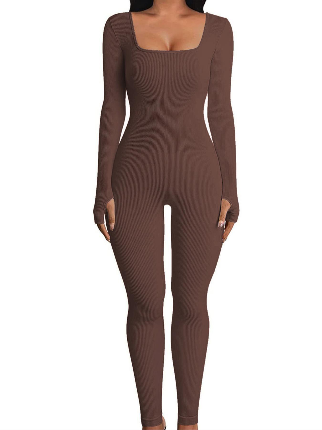 Women's Ribbed Thumb Hole Design Lounge Body Shaping Jumpsuit, Slim-Fitting Home Wear for All Seasons, Women's Loungewear Footed Jumpsuit