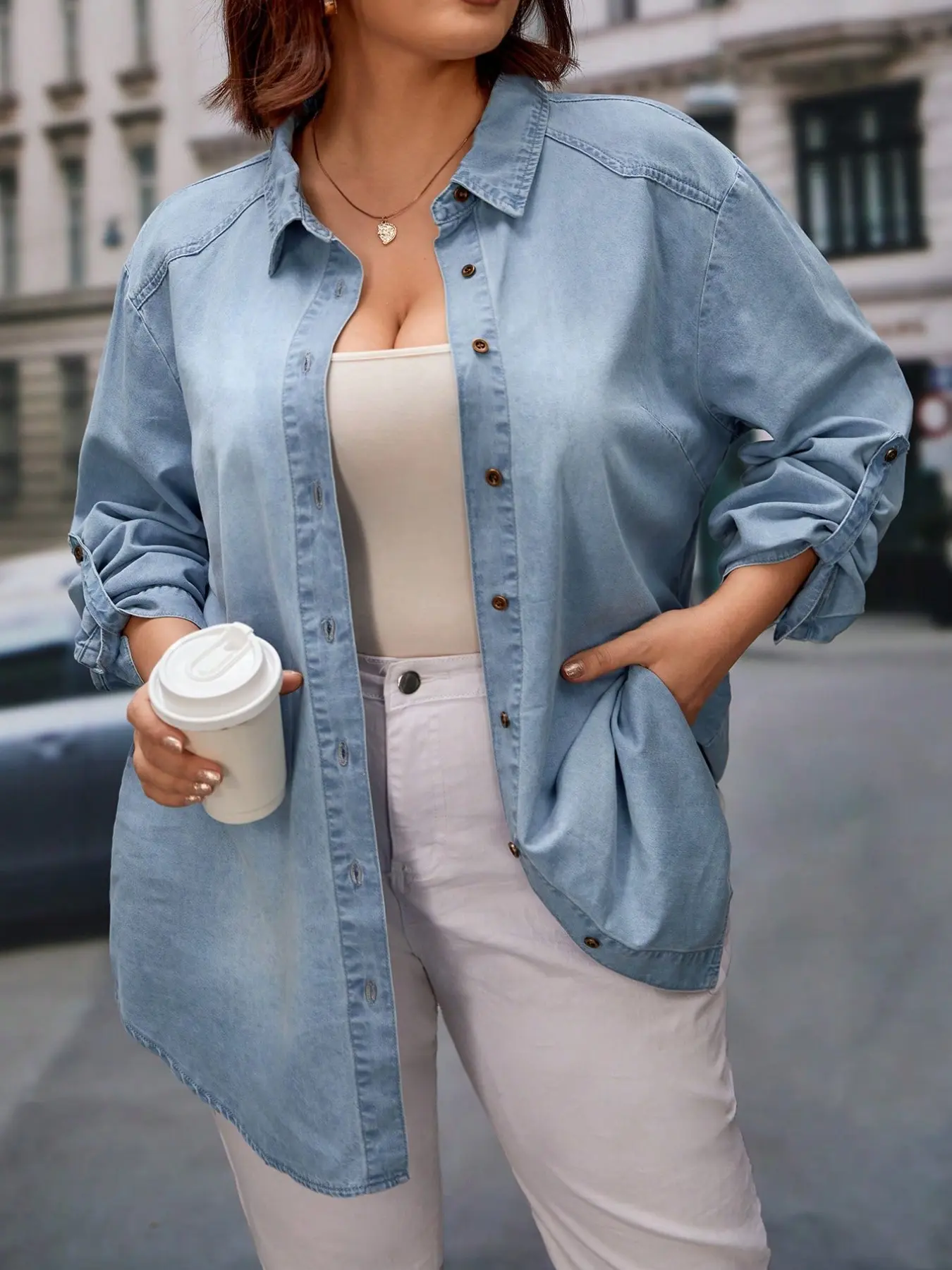 Plus Size Light Wash Denim Shirt Blouse for Women, Casual Loose Long Sleeve Button-Up Top, Rollable Sleeves, Comfortable and Stylish