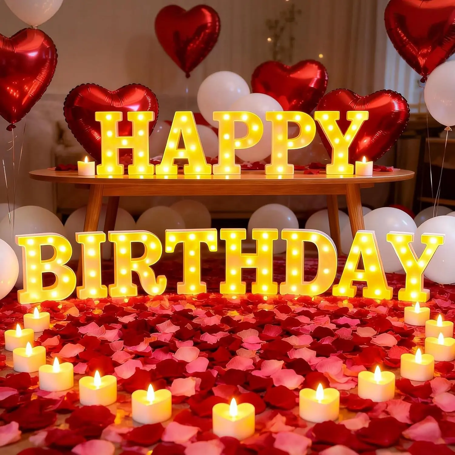 Happy Birthday Light Up Letters Decor Set Including Tea Lights Candles Latex Balloons Aluminum Balloons Rose Petals Romantic Surprise Gift for Women Men for Birthday Festival Party Decoration