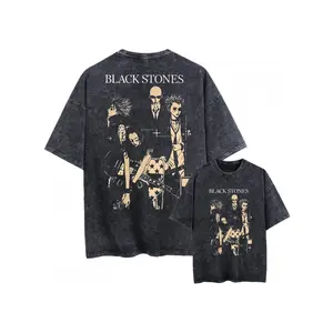 Acid Wash Distressed Short Sleeve T-Shirt For Men Women, NANA Black Stones Band Vintage Anime Two-Sided Graphic Oversized Crew Neck Casual Grunge Streetwear Soft Knit Cotton Daily Fashion Top