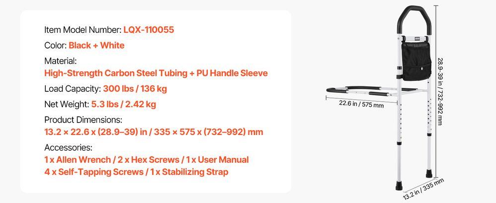 Bed Rail for Elderly, Bedside Assist Rails with Supporting Leg and PU Handrail, Adjustable Height Carbon Steel Pipe Bedside Cane, Bed Bars for Seniors & Patients, Fits King, Queen, Full, Twin